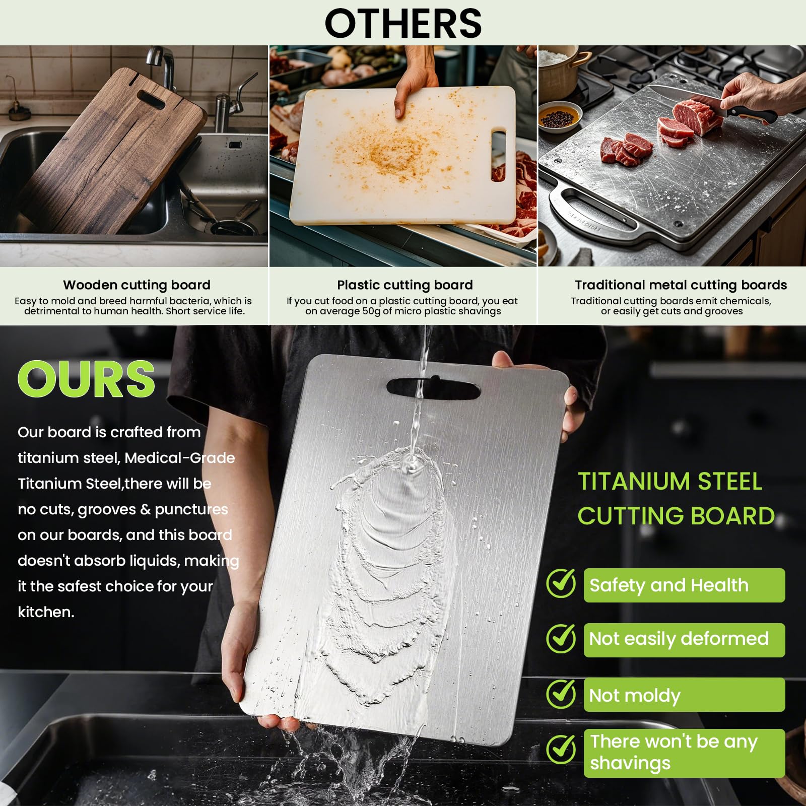 Condition photo showing New/Like New for 100% pure titanium cutting board - 15x11 inch non-slip kitchen chopping board, dishwasher safe, scra