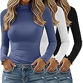 Velvelhall 3 Pack Women's Mock Turtleneck Tops Long Sleeve Lettuce Trim Shirts Ruffle Neck Slim Fit Casual Tight Layer