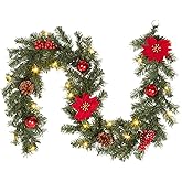 Adeeing 6 ft Christmas Garland with Lights, Pre-lit Christmas Garland with 20 LED Ligts Pinecones Red Berries Poinsettia, Indoor Outdoor Garland for Home Fireplace Staircase Decoration
