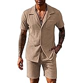 URRU Mens Short Sets 2 Piece Outfits Summer Beach Terry Short Sleeve Button Down Shirt and Shorts Set