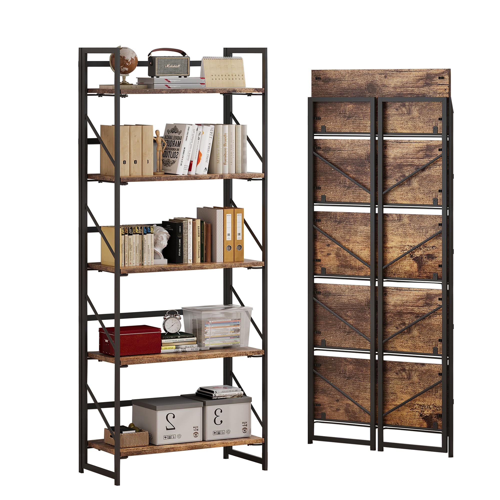 Photo 1 of JSB No Assembly Folding Bookshelf, 5 Tier Industrial Metal Book Shelf for Storage, Vintage Wood Foldable Bookcase for Living Room, Bedroom, Office Organization Shelves