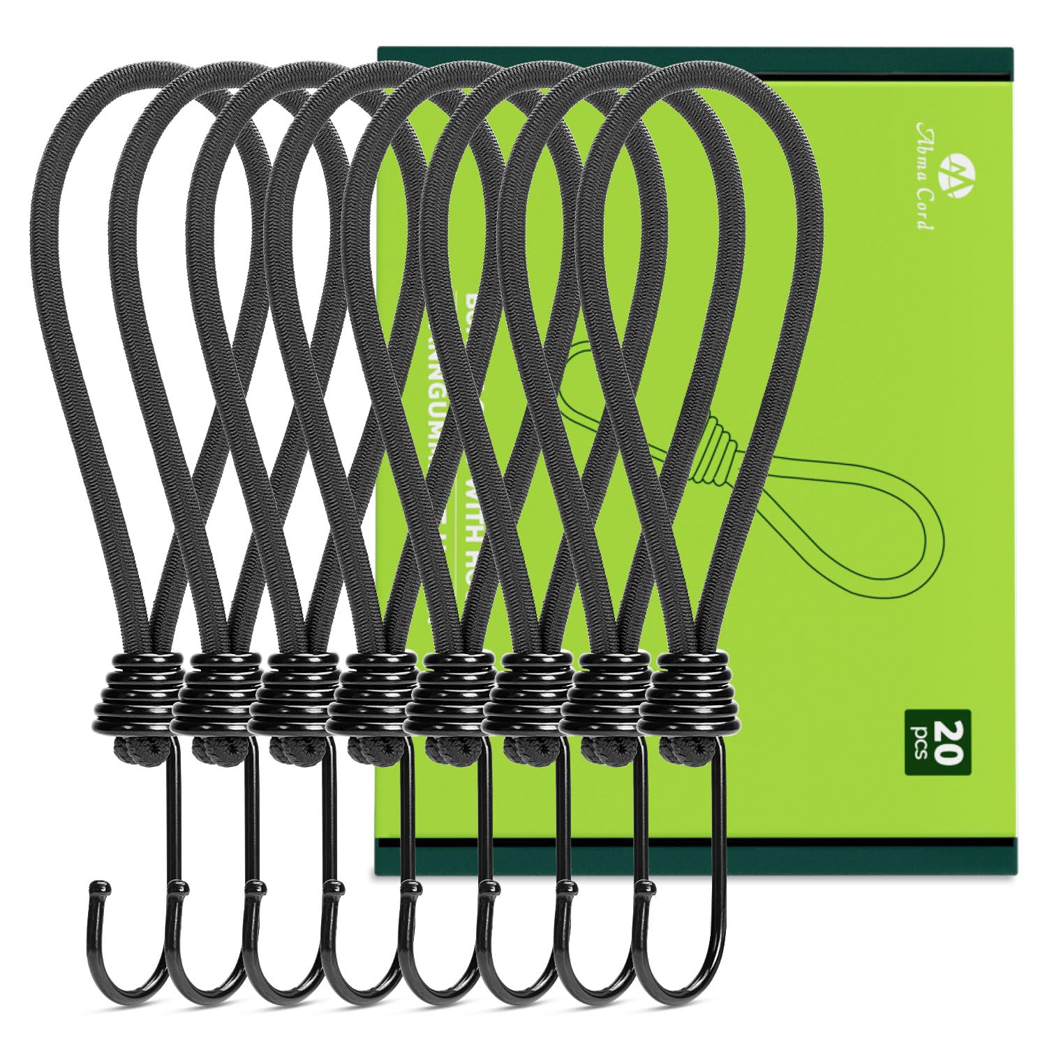 Abma Cord Bungee Cords with Hooks 20cm 20Pcs Small Bungee Ropes with Hooks Elastic Bungee Loops for Tarpaulin, Tent, Camping, Banners, Fixing - Black