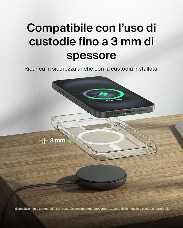 Tappetino di ricarica wireless magnetica 15 W con supporto, caricatore wireless Qi2 compatibile con MagSafe per iPhone 16 Series, Samsung Galaxy S25 Series, AirPods (con alimentatore), nero