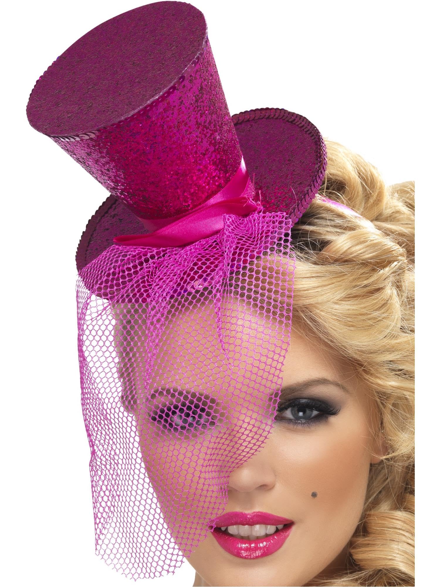 Smiffys Fever Mini Top Hat on Headband, Hot Pink with Detachable Netting, Fever Accessories Fancy Dress, Fever Dress Up Hats Halloween