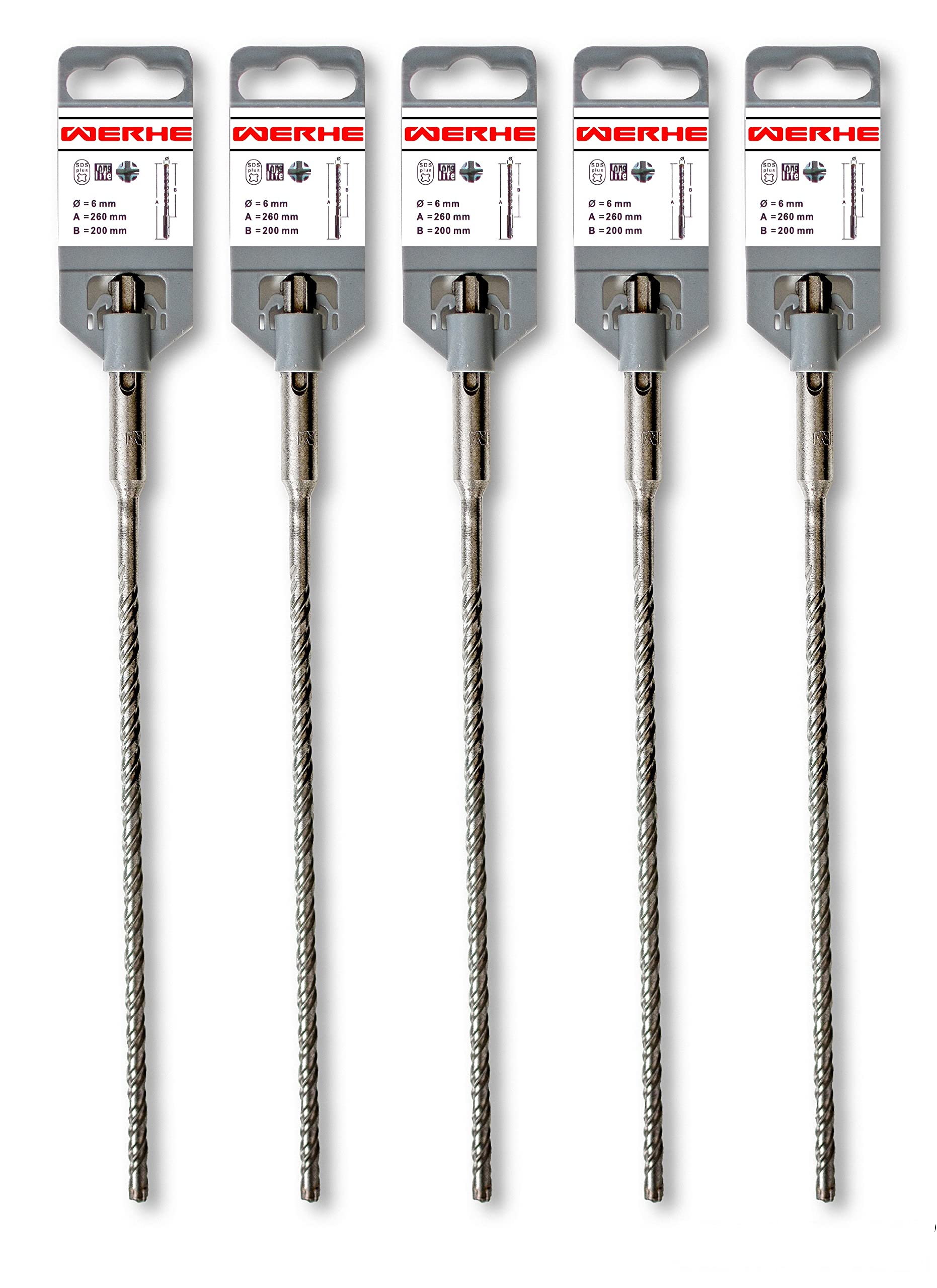 WERHE ® Professional 5 pcs. SDS Plus Concrete Drill 6 x 260 mm Hammer Stone Quadro X Quadruple Cutting Cross Cutter