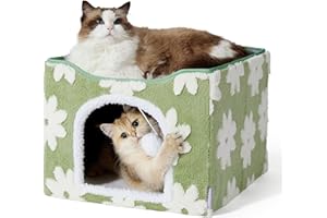 LE SURE Lesure Indoor Cat Beds Kitten House - Large Cat Cave for Pet Cube with Fluffy Ball Hanging, Foldable Small Animal Hideaway, 16.5x16.5x13 inches, Flower Garden Green