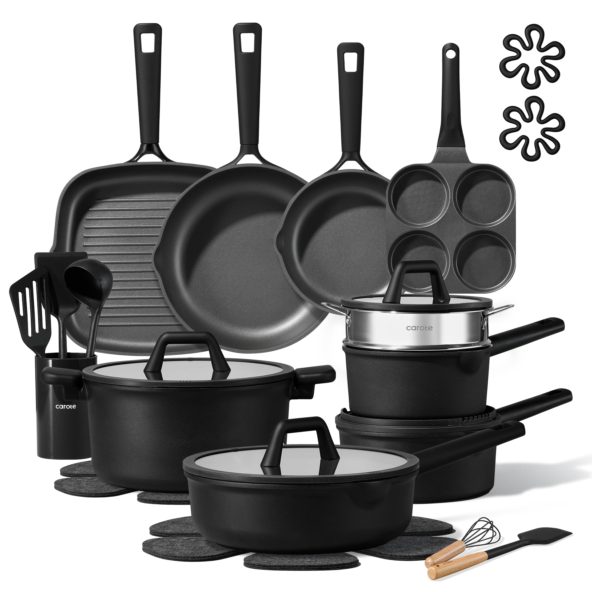 CAROTE 28PCS Pots and Pans Set, Nonstick Cookware Set Kitchen Non Stick Induction Titanium Cookware Non-toxic Granite Cooking set, PFOA Free, Black Image