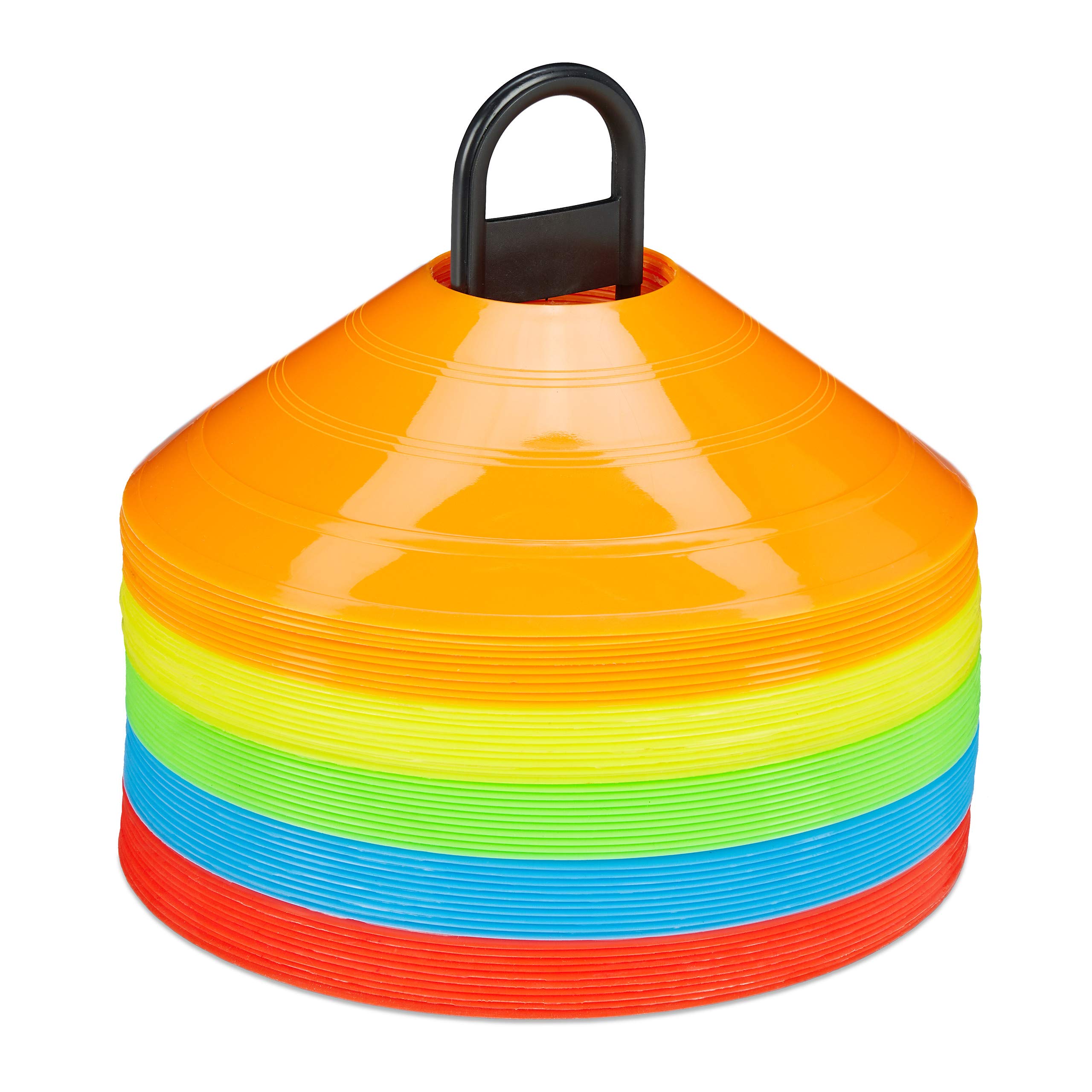 Relaxdays Cones, Set of 50, Training Markers for Sports, Football & Handball Caps, with Stand Holder Included, 5 Colours