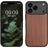 kwmobile Real Wood Case Compatible with Apple iPhone 17 Pro Max Case - Hard Wooden Cover w/TPU Bumper - Dark Brown