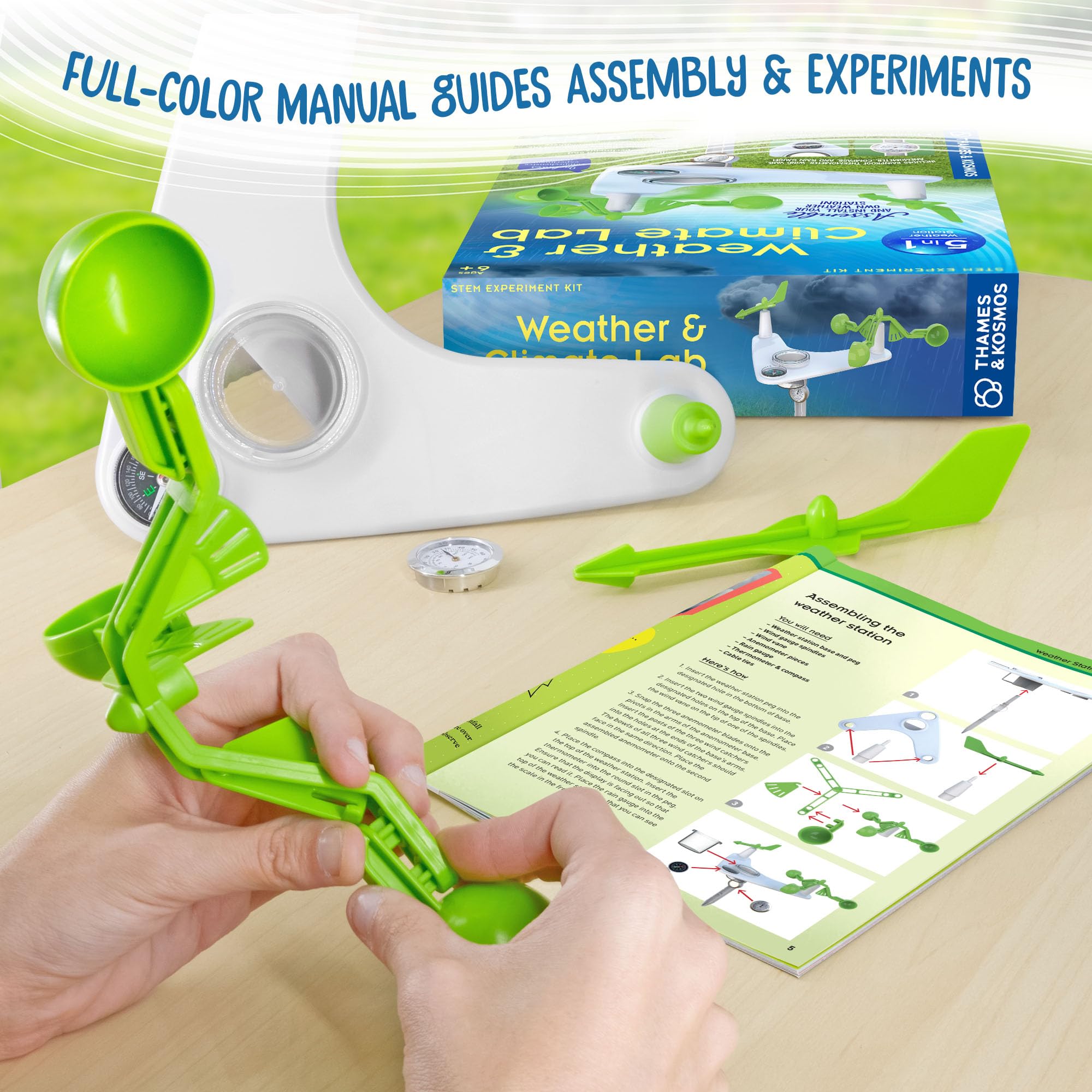 Thames & Kosmos Weather & Climate Lab STEM Experiment Kit, 5-in-1 Weather & Meteorology Station w/Wind Vane, Compass, Rain Gauge, Anemometer & Thermometer for Ages 6+, Includes Stake for Outdoor Use