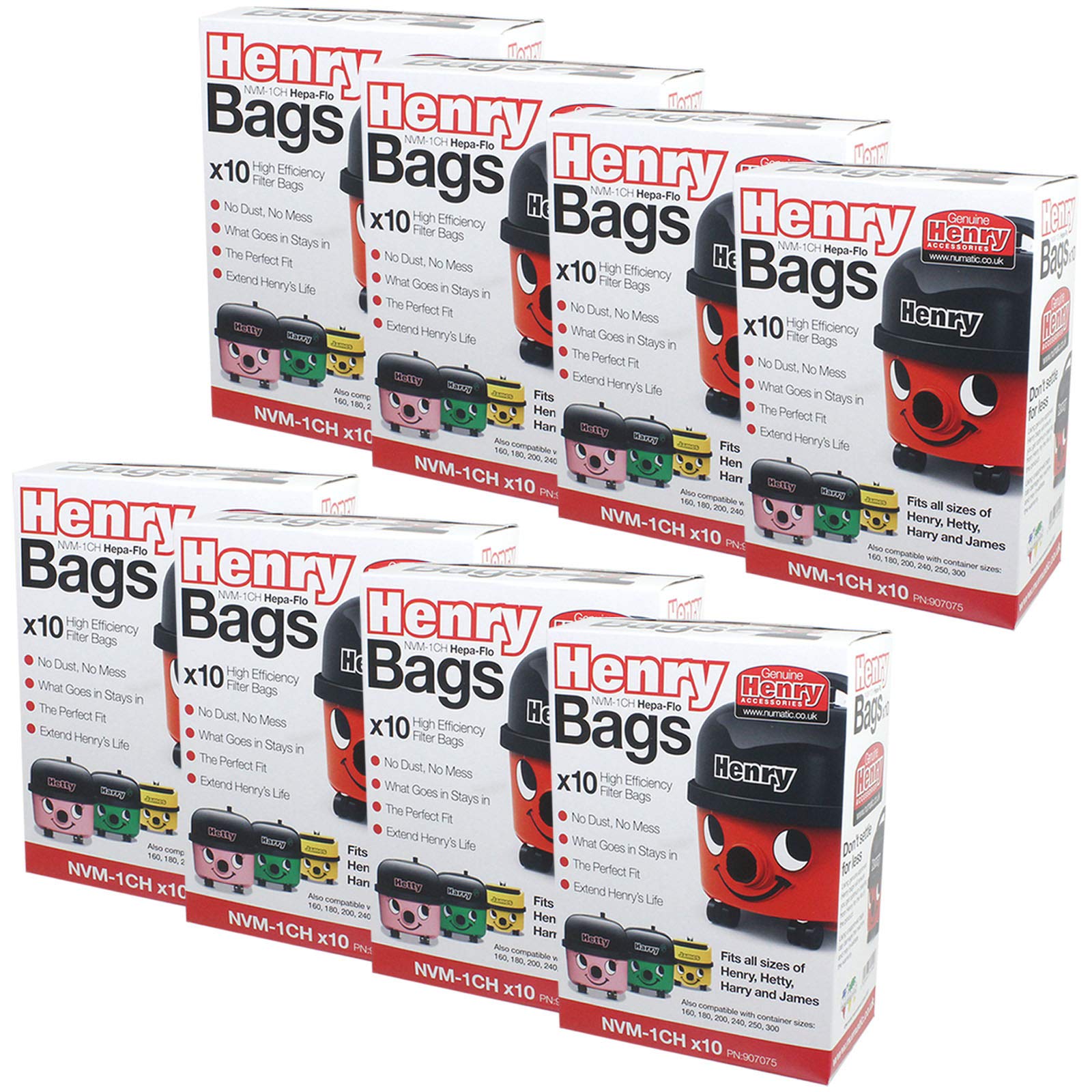 Box of 8 x Packs of 10 x Genuine Henry bags - NVM-1CH Genuine Hepa flo dust bags - Fits all 160-300 sized tubs - Henry Hetty James Basil