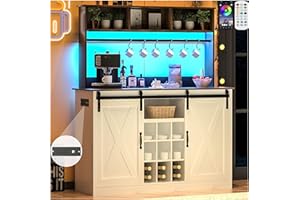 Vinctik 6&Fox Farmhouse LED Coffee Bar w/60000-color Lights,Power Outlet,7 Hooks,9Wink Racks,Adjustable Shelf for Tea Liquor Wine.Sliding Glass Door