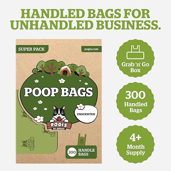 POGI’S 300 UNSCENTED DOG POOP BAGS WITH HANDLES – EARTH-FRIENDLY, LEAK-PROOF, ULTRA THICK, 4+ MONTH SUPPLY