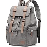 DTGN Vintage Canvas Backpack for Men & Women, Durable Casual Daypack with Leather Accent, Fits for College, Work, Travel, & Outdoor, Gray