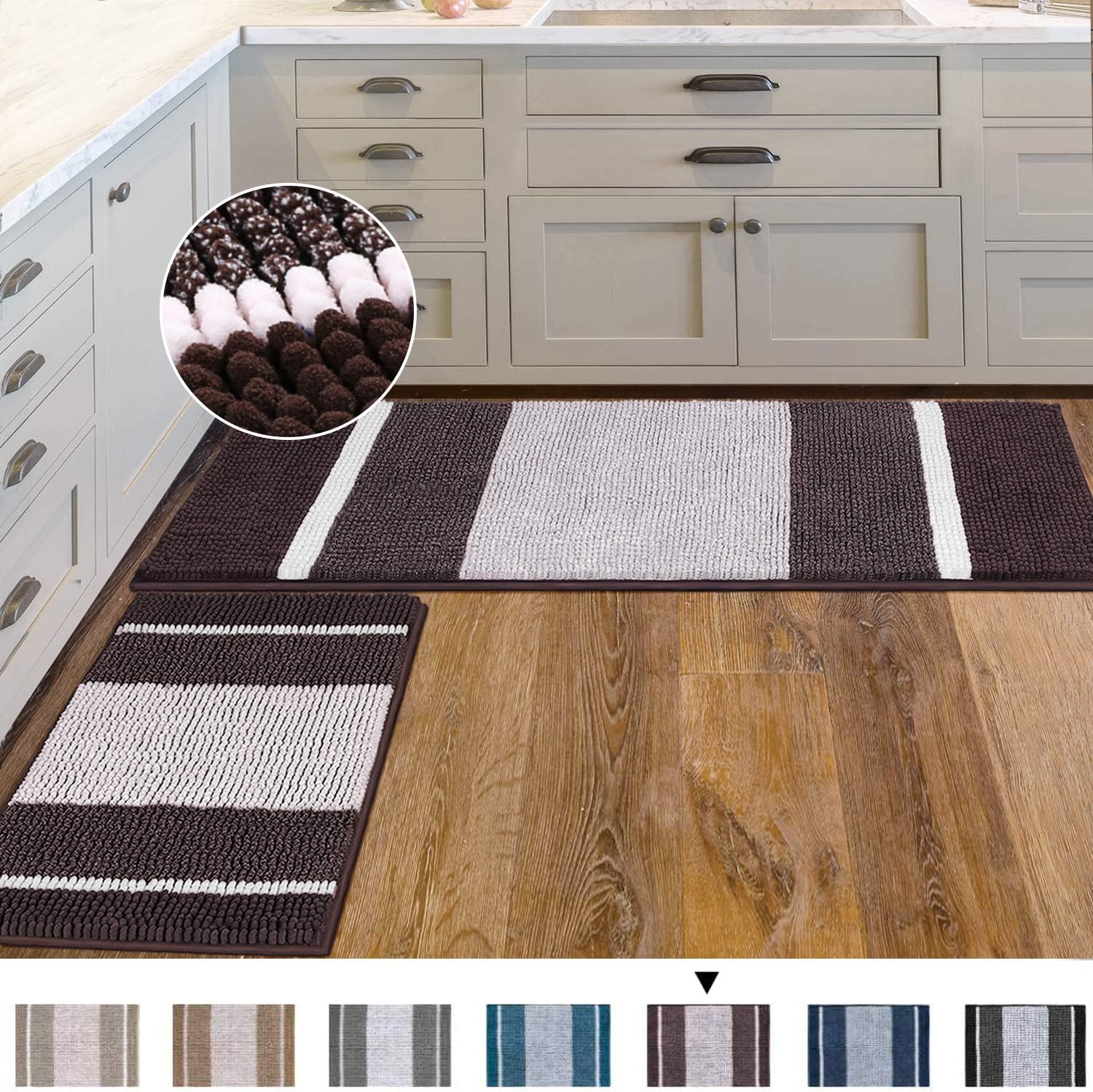 Bathroom Rugs Ultra Thick and Soft Texture Chenille Plush Striped Floor Mats Hand Tufted Bath Rug with Non-Slip Backing Microfiber Door Mat for Entryway, 2 Pack, 47