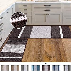 Bathroom Rugs Ultra Thick and Soft Texture Chenille Plush Striped Floor Mats Hand Tufted Bath Rug with Non-Slip Backing Microfiber Door Mat for Entryway, 2 Pack, 47