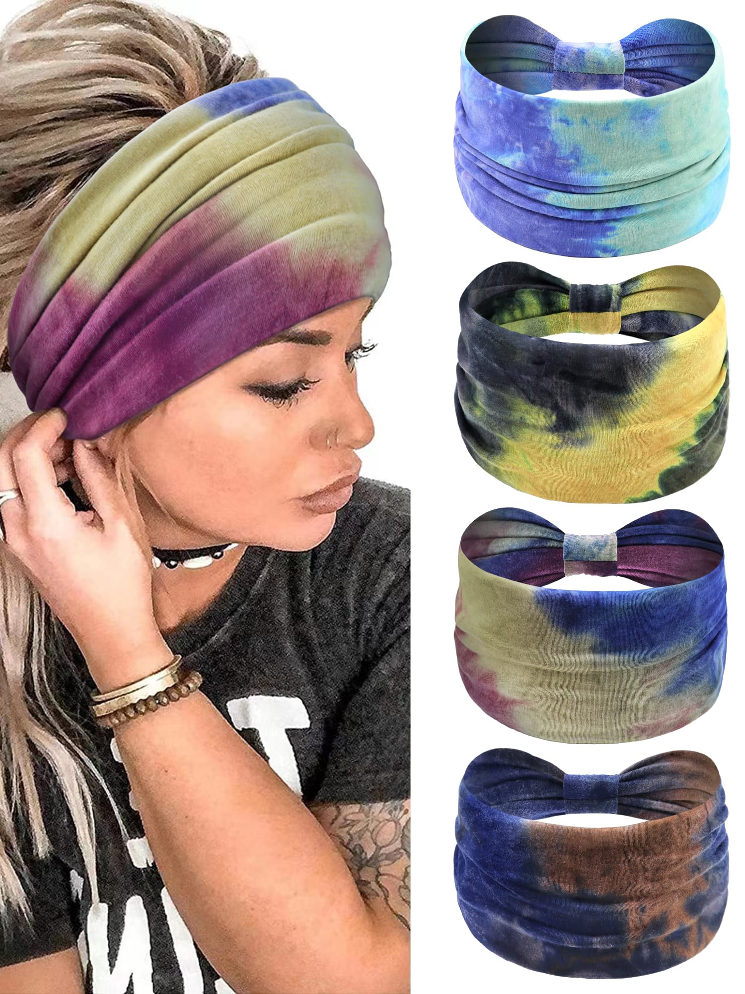 Kavya Wide Headbands For Women's Hair Soft Headband, 7'' Head Bands Adult Women Elastic Head Band, Knotted Hairbands Fashion Hair Accessories For Women (Tie-dye) — image 1