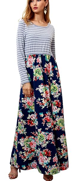 Yt Couple Womens Flower Print Long Sleeve Maxi Dress Girl
