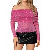 Womens Mesh Sheer Tops Sexy Off Shoulder Going Out Tops Sparkly Sequin Summer Party Clubwear Shirts Blouses