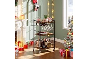 TUTOTAK Bar Cart, Home Bar Serving Cart with 3-Tier Shelf, Drink Cart with Wine Rack, Glass Holder, Rolling bar carts for The Home, Living Room, Brown BC01BB035
