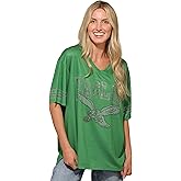 FOCO NFL Womens NFL Team Rhinestone Logo Oversized V-Neck Mesh T-Shirt