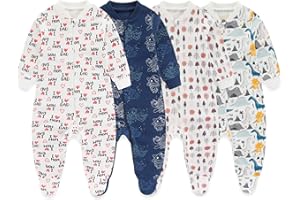 MAMIMAKA Newborn Baby One-Piece Footies Romper 2-Way Zip Cotton Bodysuit Long-Sleeve Jumsuit 4-Pack,0-12 Months