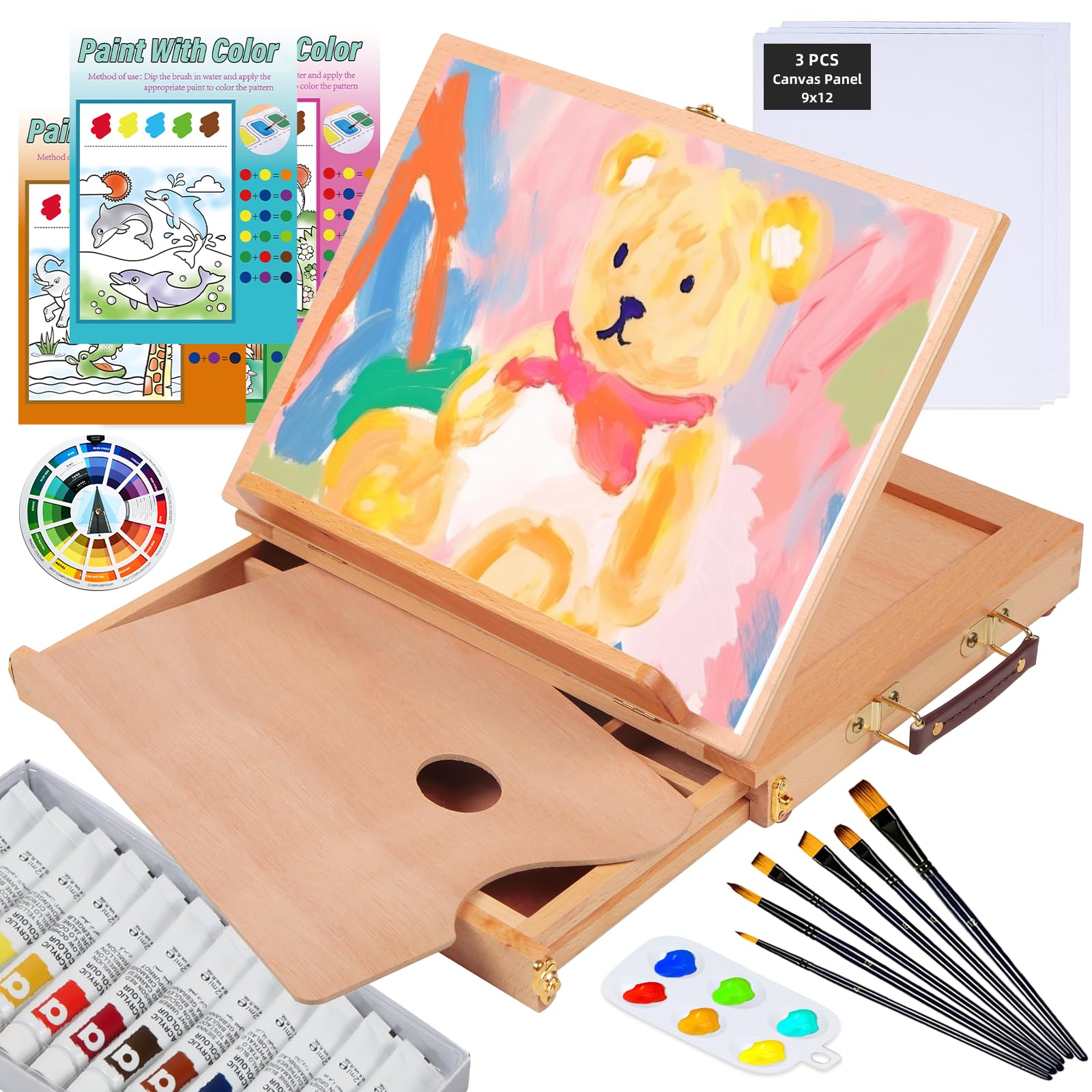 Falling in Art Beechwood Tabletop Easel Set with 12 Tubes Acrylic Paints, Canvas Panels, Brushes, Palette – 24 Pieces Artist Acrylic Painting Set Tools Kit