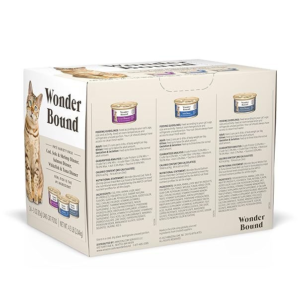 AMAZON BRAND – WONDER BOUND WET CAT FOOD, PATE, NO ADDED GRAIN, VARIETY PACK (COD, SOLE & SHRIMP, SALMON, WHITE FISH & TUNA), 3 OUNCE (PACK OF 24)
