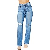 Judy Blue Women's High-Rise Tummy Control Destroyed Knee Straight Jeans 82343 (Medium Blue, 18 Plus)