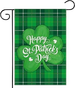 DSWEESUN Happy St Patrick's Day Buffalo Plaid Garden Flag, Durable Burlap Double Sided Spring Clover Shamrock Flag, Saint Patricks Day Yard Outdoor Decoration, 12.5 x 18 Inch