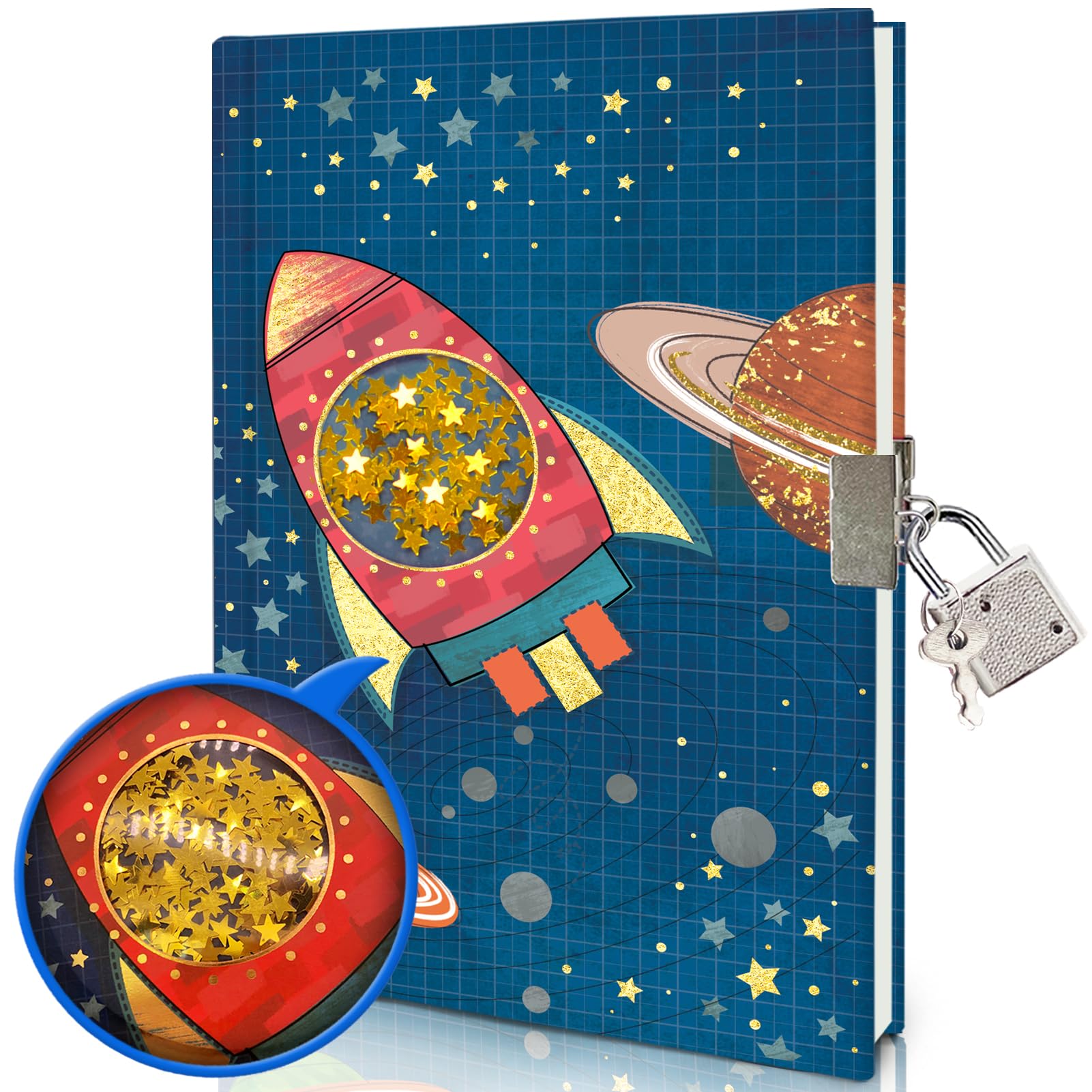 GINMLYDA Secret Diary with Lock for Boys, 7x5.25 Inches 160 Lined Pages Shakable Sequin Boy Diary Spacecraft Journal for Kids Notebook Boys Gifts for Birthday Presents Toys 5 6 7 8 9 10 Year Old