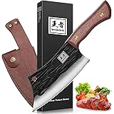 ENOKING 6.3 Inch Chef Butcher Knife, Hand Forged Meat Cleaver with Hammer Texture, Full Tang Kitchen Knife with Leather Sheath for Home Cooking, BBQ & Camping with Gift Box