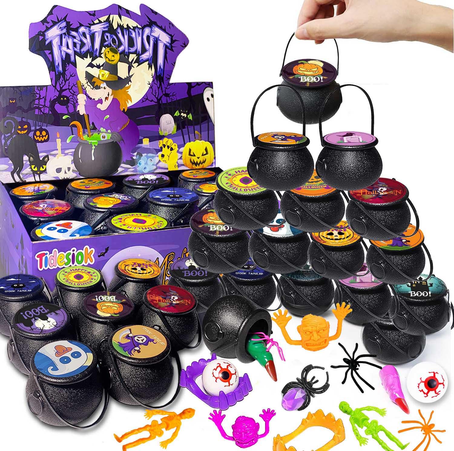 Photo 1 of 216 PCS Halloween Party Favors for Kids, 24 Prefilled Plastic Witch Cauldron Halloween Goodie Bags Stuffers Halloween Treats Non Candy Classroom Prize Halloweens Trick or Treat Toys