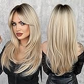 7JHH WIGS Long Blonde Wig with Bangs for Women,Heat Resistant Fiber 25 Inch Layered Synthetic Hair Wigs with Dark Roots for Daily Use