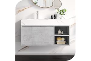 DWVO 36 Inch Floating Bathroom Vanity with Sintered Stone, Wall Mounted Bathroom Storge Cabinet, Ceramic Basin Sink & Storage Drawer Grey Small Floating Vanity Bathroom for Washroom