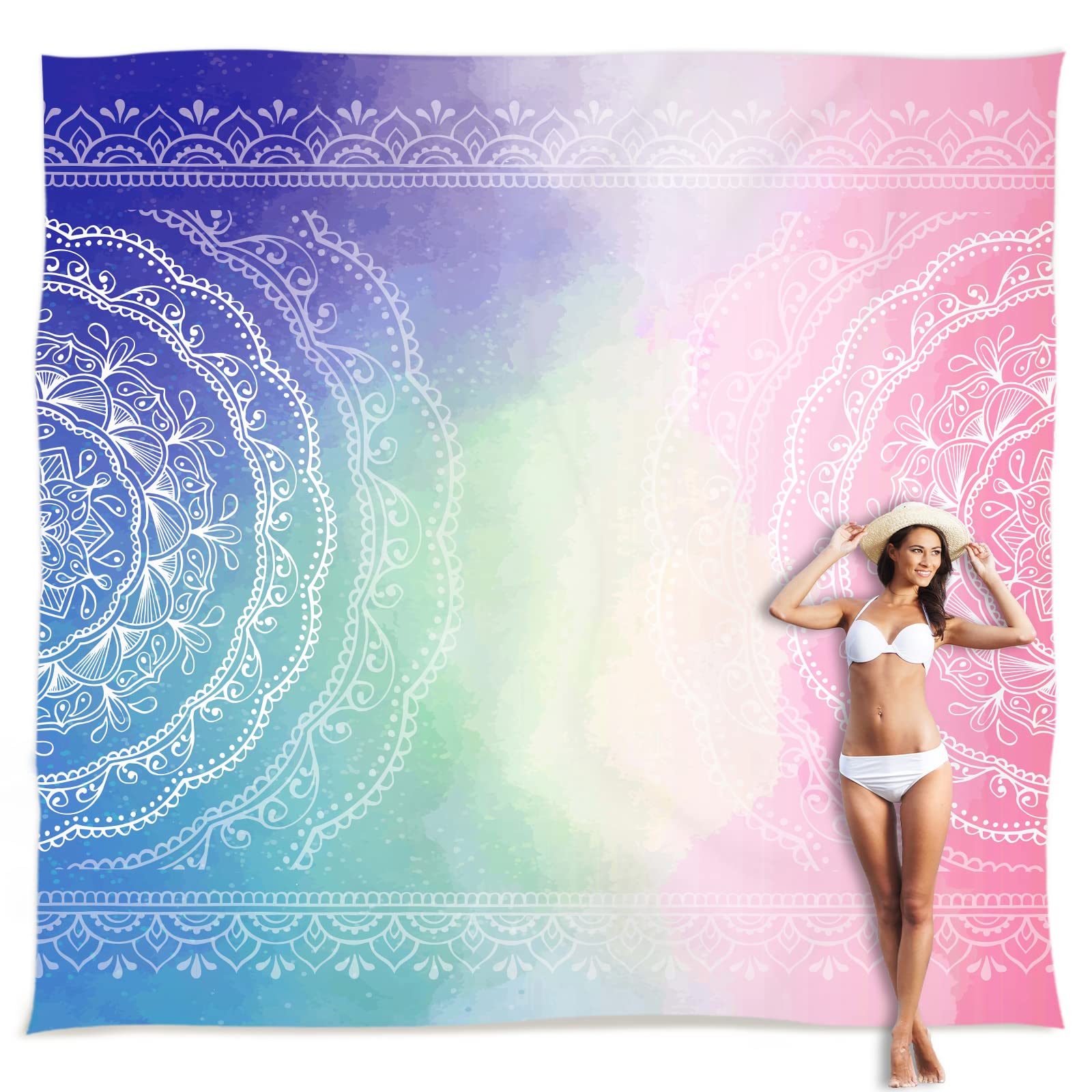 Sunlit Silky Soft Beach Blanket, Sandproof Mat with Corner Pockets, Mesh Pocket, Beach Party, Travel, Camping and Outdoor Music Festival, Blue and Pink Mandala, 305 x 274 cm