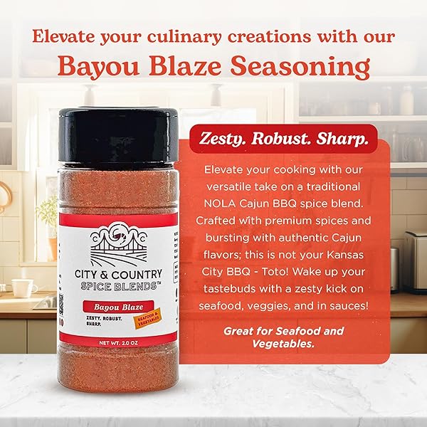 CITY & COUNTRY SPICE BLENDS BAYOU BLAZE CAJUN SEASONING. GOURMET, GREAT ON SEAFOOD & VEGGIES. NO ARTIFICAL COLORS OR FLAVORINGS. KOSHER. NO MSG. GLUTEN-FREE. 2.0OZ