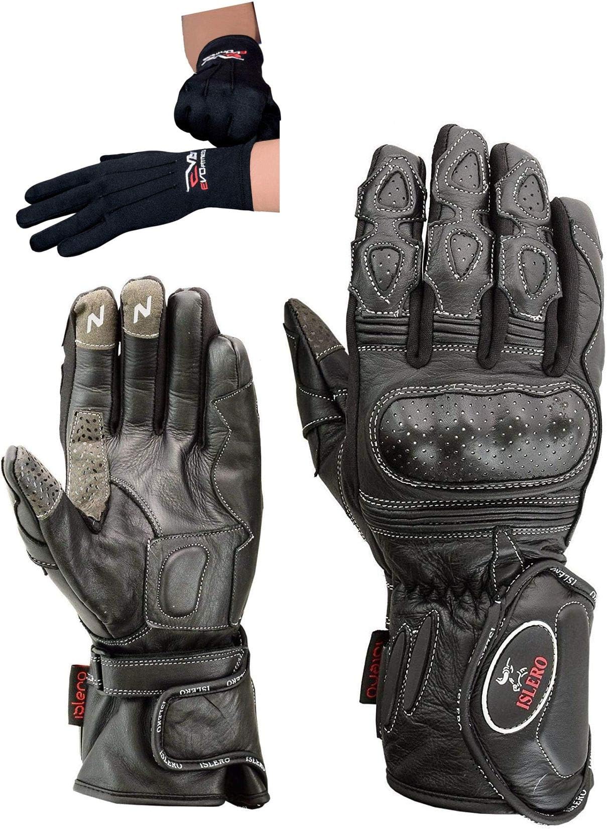 Islero Professional Leather Motorbike Motorcycle Gloves Windproof Carbon Fiber Knuckle Racing Thinsulate Hipora Smartphone Touch Compatible Winter Thermal Inner Gloves Included FREE