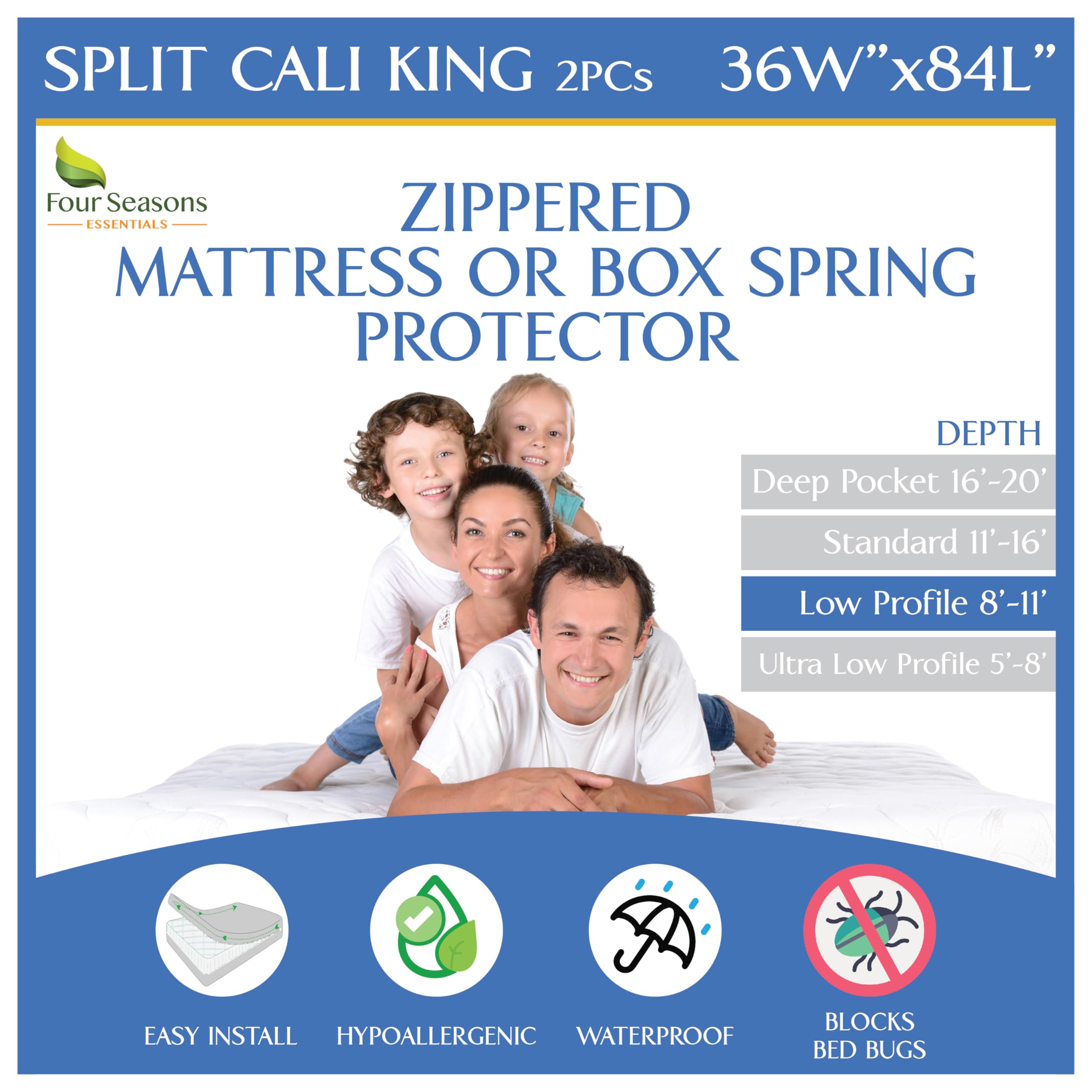Photo 1 of Split California King (2PC) Mattress or Box Spring Encasement (8"-11" Depth) Waterproof Zippered Protector Hypoallergenic Premium Bedbug Cover Protects from Dust White