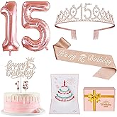 15th Birthday Decorations for Girls with 15th Birthday Crown and Sash, Cake Topper and Candles, Number Balloons, 3D Pop Up Greeting Card, 15 Year Old Gifts for Girls