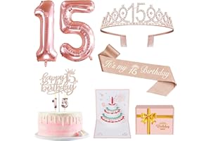 YEOHJOY 15th Birthday Decorations for Girls with 15th Birthday Crown and Sash, Cake Topper and Candles, Number Balloons, 3D Pop Up Greeting Card, 15 Year Old Gifts for Girls