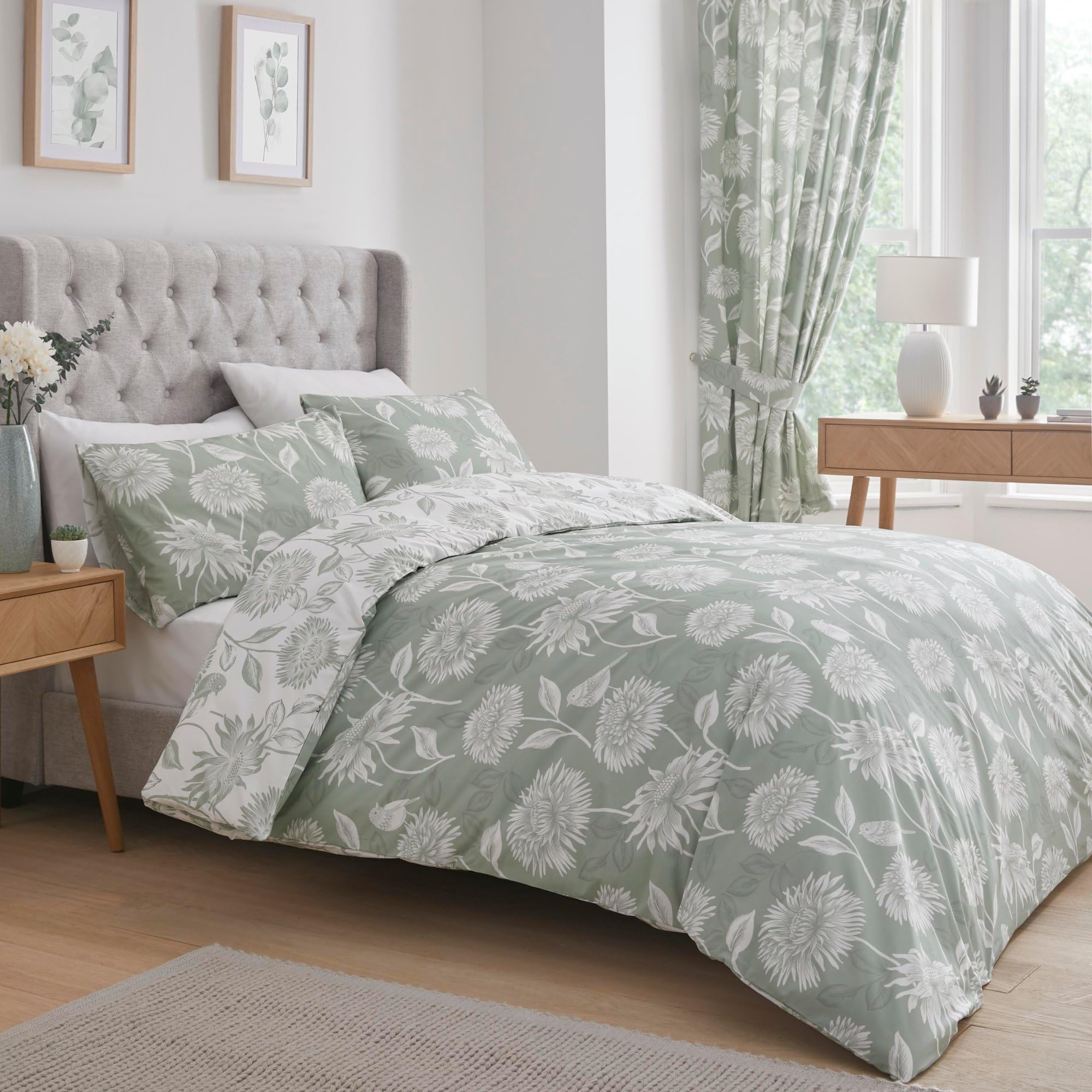 Dreams & Drapes Green Chrysanthemum Duvet Cover - Single Reversible (2 Colours) - Easy Care & Washable - Sage Green Light Floral Bedding - Green Flower Duvet Cover Sets — image 1
