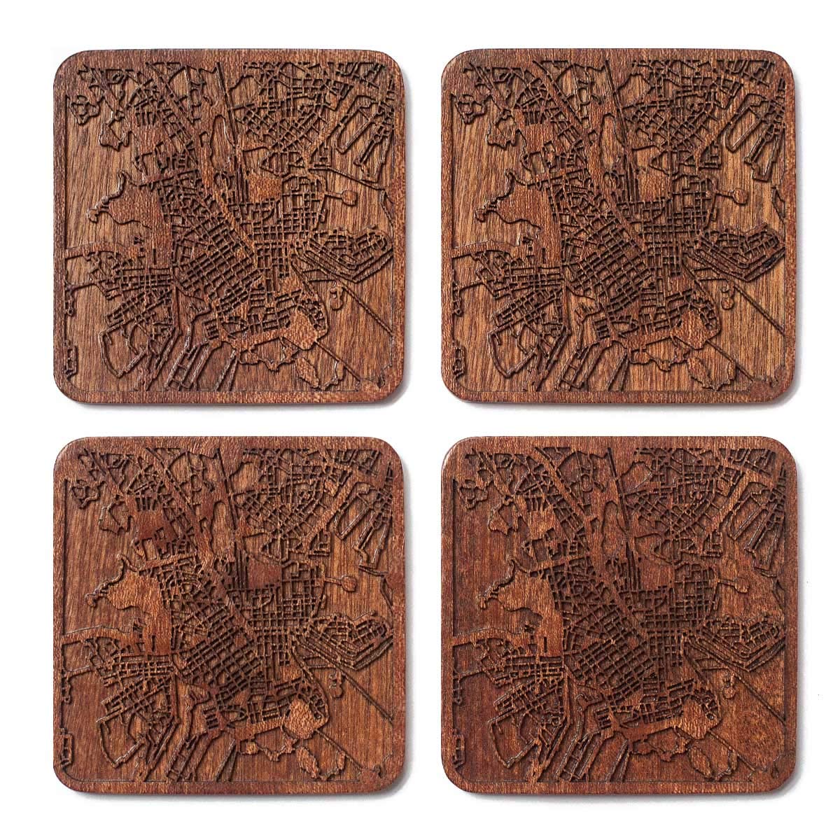 Helsinki Map Coaster, Set of 4, Sapele Wooden Coaster with City map, Multiple City Optional, Handmade