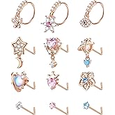 JOERICA 12 Pcs 20G Dangle Nose Rings and Studs for Women - L Shaped Stainless Steel Hoops With Butterfly, Heart, Moon, Flower, Evil Eye, Crown CZ Dangling Piercing Jewelry