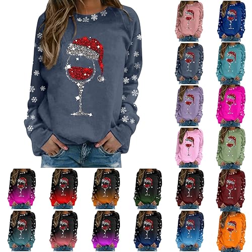 Gezqieunk Sweat Shirts Women Xmas Cardigan Ladies Christmas Jumpers for Women Uk Glitter Xmas Printed Sweatshirt Long Sleeve Crewneck Sweaters Winter Oversized Pullover Novelty Funny Tops Navy S
