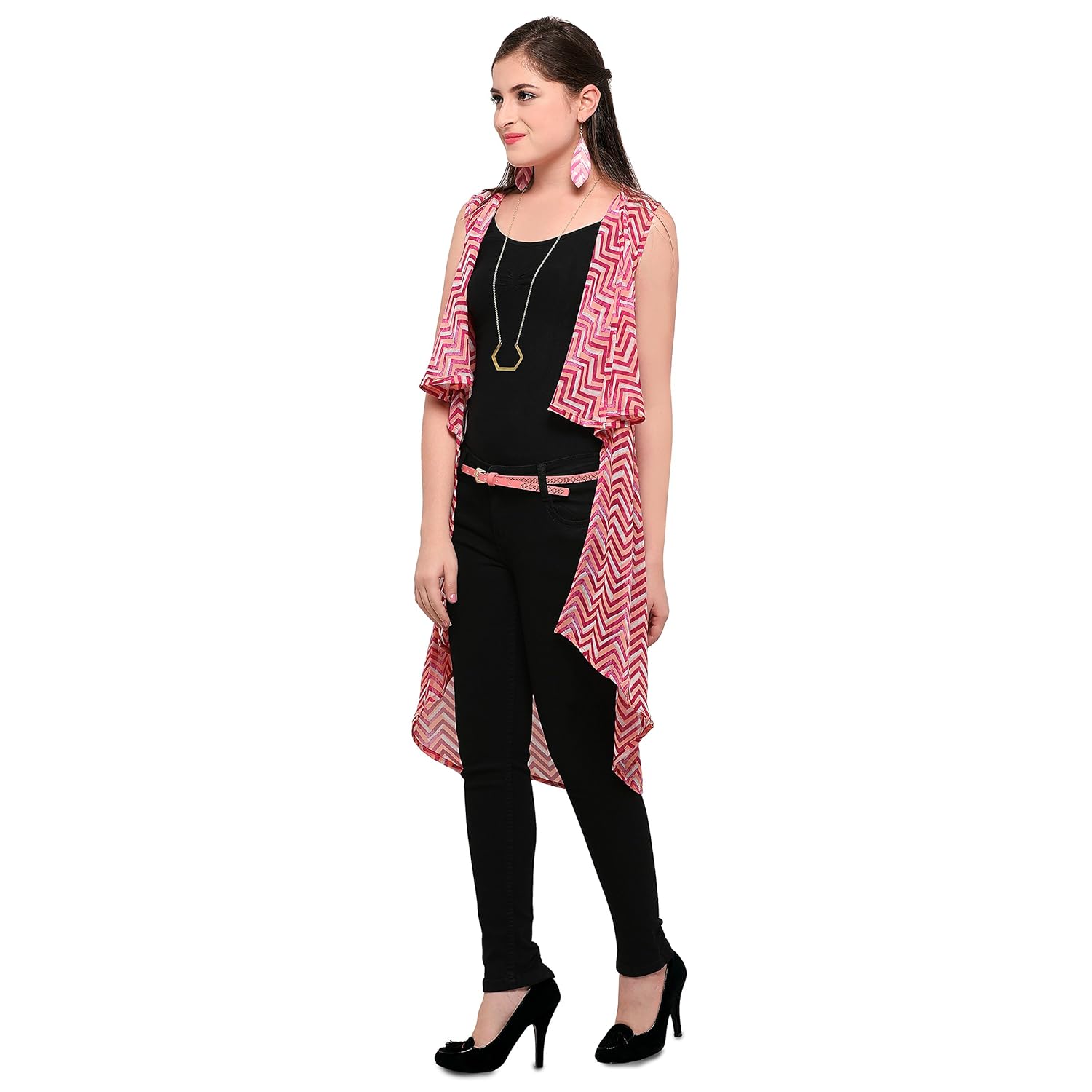 serein women's pink multicolour georgette sleeveless shrug/long jacket/summer jacket