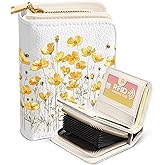 Bistup Credit Card Holder Wallet for Women - Cute Leather Ladies Teen Girls Female Cardholder Wallets Accordion Purse Small Medium Aesthetic Yellow Flower Unique Modern Rfid Zipper Around