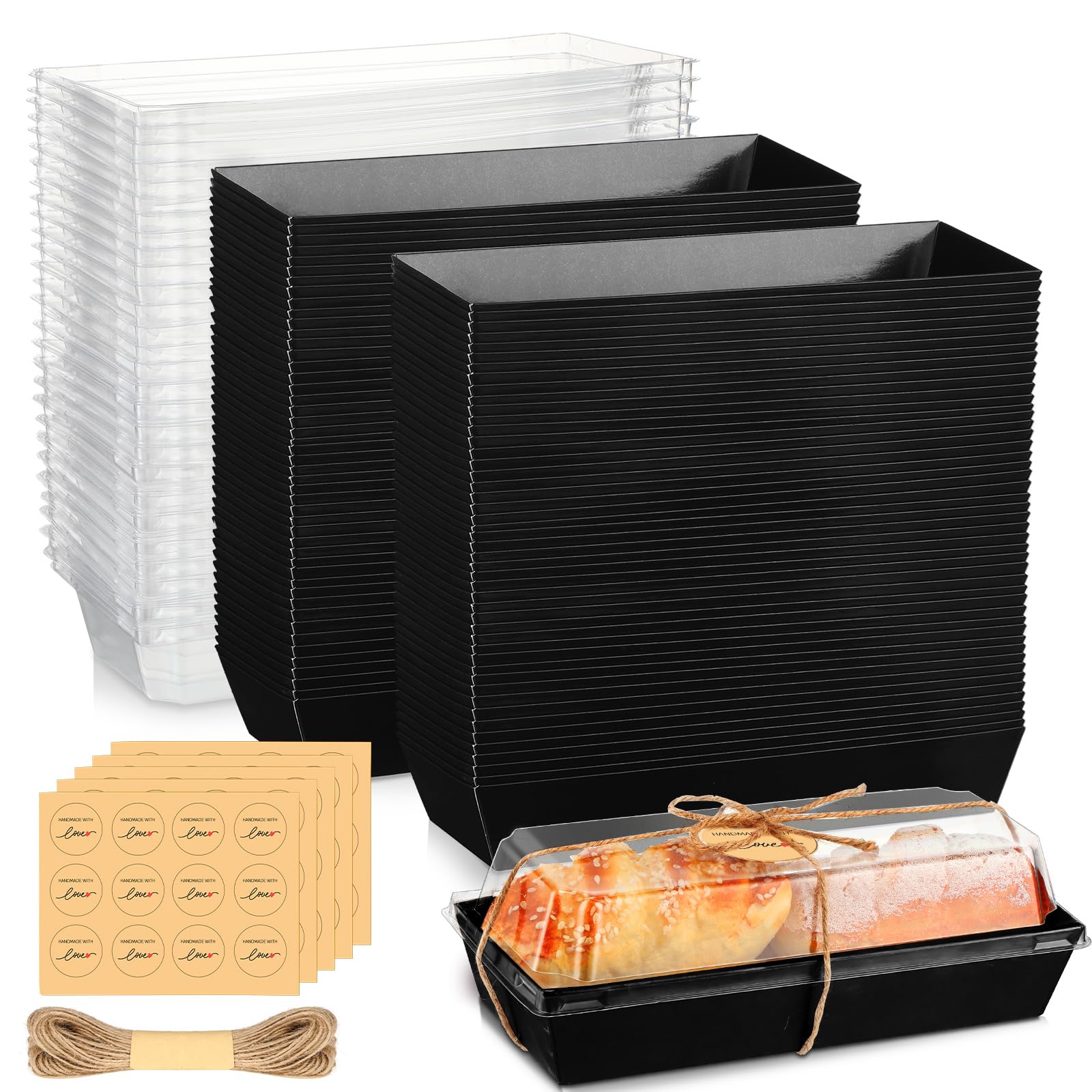 Photo 1 of Inbagi 100 Pcs Black Charcuterie Boxes with Clear Lids Cookie Boxes Disposable Cake Containers with Lids Stickers and Ropes Rectangle Cake Box Dessert Containers for Bakery Cookie Sandwich Packaging