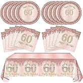 60th Birthday Decorations For Women,Rose Gold 60 Birthday Disposable Paper Plates and Napkins,60th Birthday Tablecloth Tableware Kit For 1966 Party 60 Years Old Birthday Decorations,20 Guests