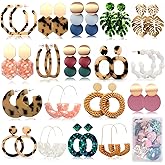 FIFATA 18 Pairs Vacation Statement Earrings for Women Straw Rattan Earrings Acrylic Resin Hoop Drop Dangle Earrings Set Hypoallergenic for Sensitive Ears